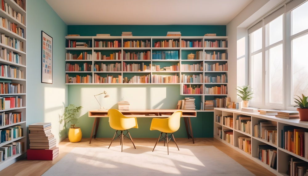 minimalist colored study room with bookshelves