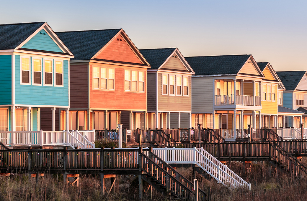 Beach houses of Myrtle Beach with some in need of paint